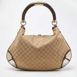 Pre Owned Gucci Beige/Dark Brown GG Canvas and Leather/Mink Fur Large Babouska Indy Hobo