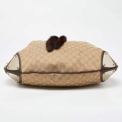 Pre Owned Gucci Beige/Dark Brown GG Canvas and Leather/Mink Fur Large Babouska Indy Hobo