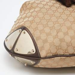 Pre Owned Gucci Beige/Dark Brown GG Canvas and Leather/Mink Fur Large Babouska Indy Hobo