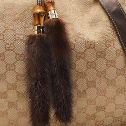 Pre Owned Gucci Beige/Dark Brown GG Canvas and Leather/Mink Fur Large Babouska Indy Hobo