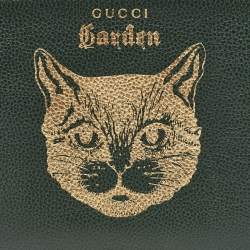 Pre Owned Gucci Green/Gold Leather Garden Cat Zip Pouch