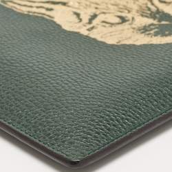 Pre Owned Gucci Green/Gold Leather Garden Cat Zip Pouch