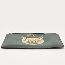 Pre Owned Gucci Green/Gold Leather Garden Cat Zip Pouch