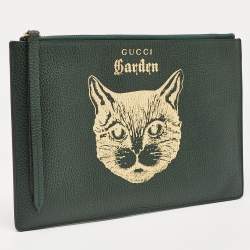 Pre Owned Gucci Green/Gold Leather Garden Cat Zip Pouch