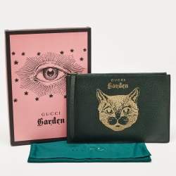 Pre Owned Gucci Green/Gold Leather Garden Cat Zip Pouch