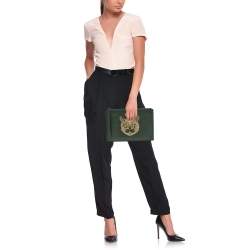 Pre Owned Gucci Green/Gold Leather Garden Cat Zip Pouch