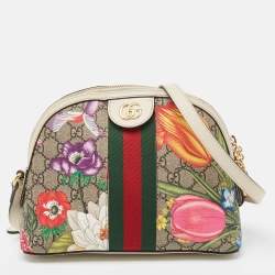 Gucci Off White/Beige GG Supreme Canvas Small Floral Ophidia Shoulder Bag