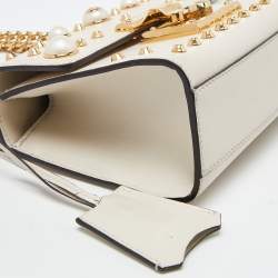 Pre Owned Gucci Beige Leather Small Pearl Studded Padlock Shoulder Bag