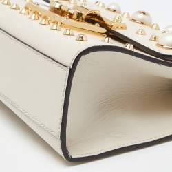 Pre Owned Gucci Beige Leather Small Pearl Studded Padlock Shoulder Bag