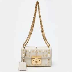Gucci Beige Leather Small Pearl Studded Padlock Shoulder Bag