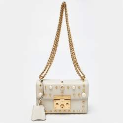 Pre Owned Gucci Beige Leather Small Pearl Studded Padlock Shoulder Bag