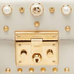 Pre Owned Gucci Beige Leather Small Pearl Studded Padlock Shoulder Bag