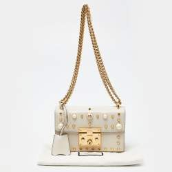 Pre Owned Gucci Beige Leather Small Pearl Studded Padlock Shoulder Bag