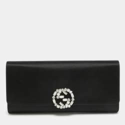 Pre Owned Gucci Black Satin GG Broadway Crystals Clutch
