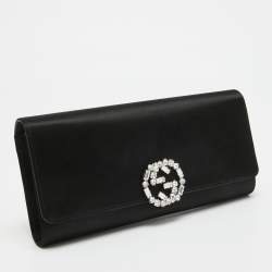 Pre Owned Gucci Black Satin GG Broadway Crystals Clutch