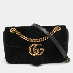 Pre Owned Gucci Black Matelassé Velvet Small GG Marmont Shoulder Bag