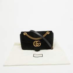 Pre Owned Gucci Black Matelassé Velvet Small GG Marmont Shoulder Bag