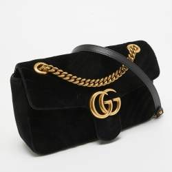 Pre Owned Gucci Black Matelassé Velvet Small GG Marmont Shoulder Bag