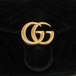 Pre Owned Gucci Black Matelassé Velvet Small GG Marmont Shoulder Bag