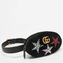 Gucci Black Matelassé Velvet Star Crystal GG Marmont Belt Bag