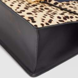 Pre Owned Gucci Beige/Black Leopard Print Calfhair and Leather Medium Sylvie Top Handle Bag