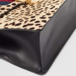 Pre Owned Gucci Beige/Black Leopard Print Calfhair and Leather Medium Sylvie Top Handle Bag