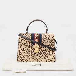 Pre Owned Gucci Beige/Black Leopard Print Calfhair and Leather Medium Sylvie Top Handle Bag
