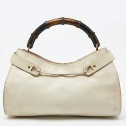 Pre Owned Gucci Cream Leather Bamboo Top Handle Bag