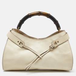 Pre Owned Gucci Cream Leather Bamboo Top Handle Bag