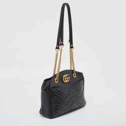 Pre Owned Gucci Black Matelasse Medium GG Marmont Open Top Shoulder Bag 