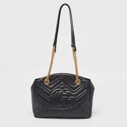 Pre Owned Gucci Black Matelasse Medium GG Marmont Open Top Shoulder Bag 