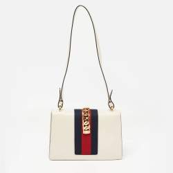 Pre Owned Gucci Off White Leather Small Web Embroidered Sylvie Shoulder Bag