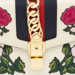Pre Owned Gucci Off White Leather Small Web Embroidered Sylvie Shoulder Bag