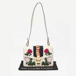 Pre Owned Gucci Off White Leather Small Web Embroidered Sylvie Shoulder Bag