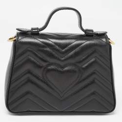 Pre Owned Gucci Black Matelasse Leather Mini GG Marmont Top Handle Bag