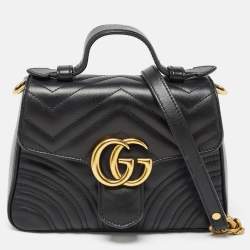 Pre Owned Gucci Black Matelasse Leather Mini GG Marmont Top Handle Bag
