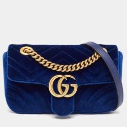 Pre Owned Gucci Blue Matelasse Velvet Mini GG Marmont Shoulder Bag