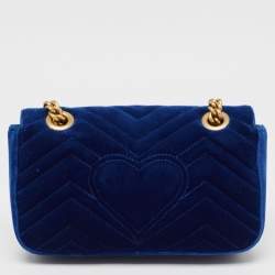 Pre Owned Gucci Blue Matelasse Velvet Mini GG Marmont Shoulder Bag