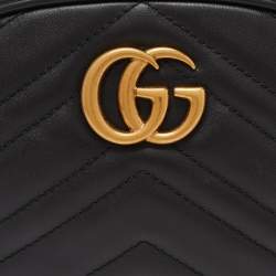 Pre Owned Gucci Black Matelassé Leather GG Marmont Belt Bag
