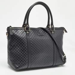 Pre Owned Gucci Black Guccissima Leather Zip Tote
