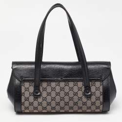 مملوكة مسبقًا Gucci Beige/Black GG Canvas and Leather Bamboo Bullet Satchel