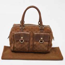 Pre Owned Gucci Brown GG Suede and Leather Boston Bag
