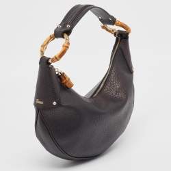 Pre Owned Gucci Black Leather Bamboo Ring Hobo