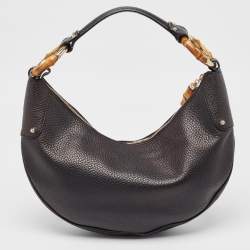 Pre Owned Gucci Black Leather Bamboo Ring Hobo