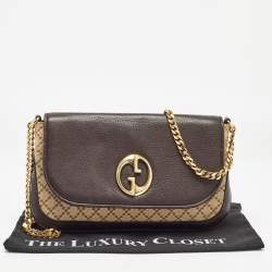Pre Owned Gucci Beige/Brown Diamante Canvas and Leather GG Chain Shoulder Bag