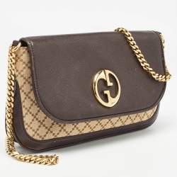 Pre Owned Gucci Beige/Brown Diamante Canvas and Leather GG Chain Shoulder Bag