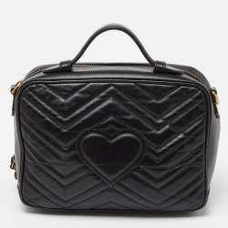 Pre Owned Gucci Black Matelassé Leather Small GG Marmont Top Handle Bag