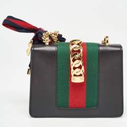 Pre Owned Gucci Black Leather Mini Web Chain Sylvie Crossbody Bag