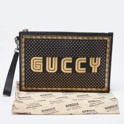 مملوكة مسبقًا Gucci Black Leather Guccy Star Wristlet Pouch