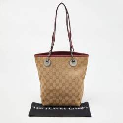 Pre Owned Gucci Beige/Red GG Canvas and Leather Open Tote